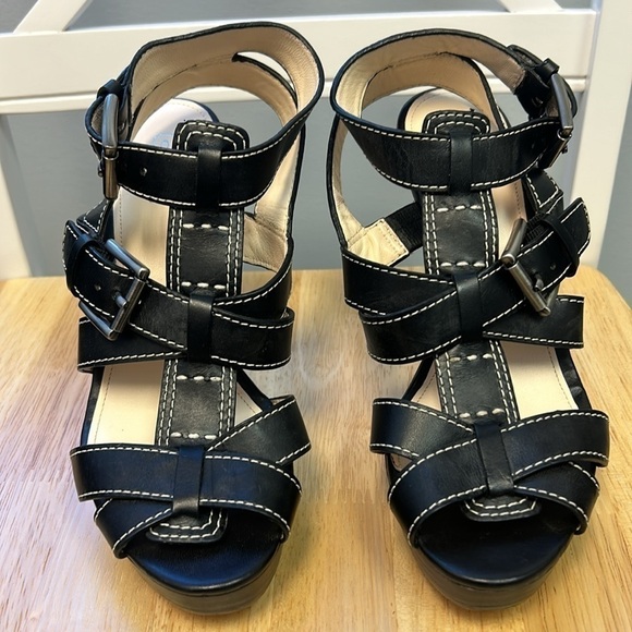 Coach Stefanie Vachetta T-Strap Ankle Leather Sandals Wooden Platform He… - Picture 2 of 8
